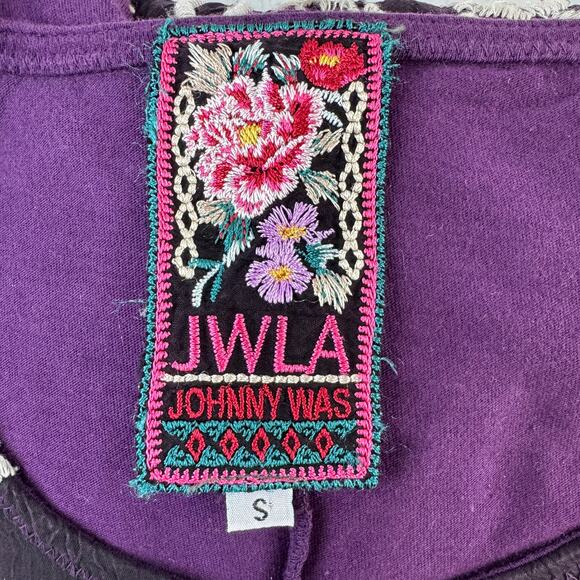 Johnny Was Dark Purple Embroidered 3/4 Sleeve Tunic Boho Cupra Cotton Size Small - Picture 10 of 16